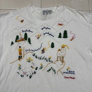 Vintage 90s Swiss Alps Skiing T Shirt Swan Magic Embroidered RARE Mens XL Snow